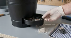 A hand in a glove removing the ash tray from a bucket charcoal BBQ for simple cleaning.