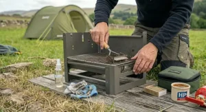 A person cleaning the cooking grate of a portable charcoal barbecue using a wire brush.
