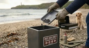 A person wearing protective gloves carefully disposing of cooled ash from the charcoal grill into a designated hot ash only bin on the beach.