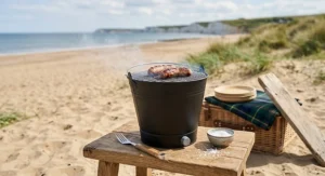 A portable bucket charcoal BBQ cooking sausages on a wooden table at a scenic British beach.