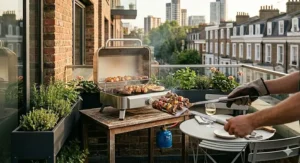 A delicious meal being grilled on a tabletop gas BBQ on a sunny balcony.