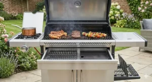 High-quality cooking grates on a gas barbecue with lower cabinet storage space.