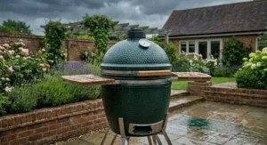 A crispy stone-baked pizza being removed from a hot ceramic BBQ fitted with a pizza stone accessory.