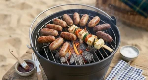 A variety of British sausages and vegetable skewers grilling on a compact bucket charcoal BBQ.
