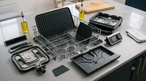 An elevated flat-lay view showing the specific electric barbecue completely disassembled into its components, including the heating element, grill plates, drip tray, and control dial, arranged on a modern worktop.