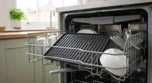 A close-up looking directly into a dishwasher rack, where removable non-stick grill plates are being washed alongside other dishes, highlighting easy-clean features.
