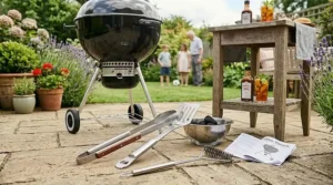 A set of tongs and a spatula next to a kettle BBQ, essential tools for charcoal grilling.