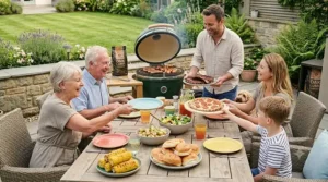 A multi-generational family enjoying a garden barbecue feast, with food freshly prepared on a kamado grill from our bundle range.