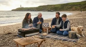 A family of four and their golden retriever enjoying a seaside picnic on a blanket with a small charcoal grill cooking food nearby.