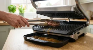 A high-detail close-up shot of liquid fat flowing down the ribbed plate of a health grill and into the removable drip tray while cooking a burger.
