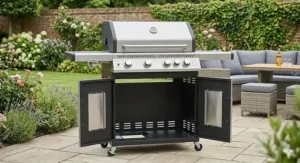 Detailed view of high-precision control knobs on a gas BBQ with cabinet storage.