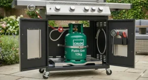 Diagram showing secure gas bottle storage inside the cabinet of a modern barbecue.