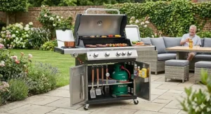 Gas barbecue unit featuring foldable side shelves and a built-in storage cabinet.