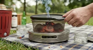 Placing the cooking plate onto a portable charcoal barbecue.