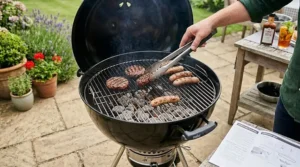 Cooking burgers and sausages on a kettle BBQ, demonstrating its cooking surface area.