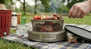 Cooking sausages and vegetable skewers on a portable charcoal barbecue.