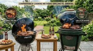 Comparison chart demonstrating direct grilling on a kettle versus low and slow smoking techniques on a kamado barbecue.