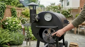 The sturdy, removable charcoal tray inside a large barrel smoker, designed for easy ash cleaning and fuel management.