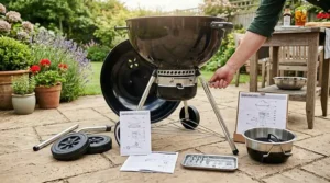 A step-by-step guide showing the assembly of a budget-friendly kettle BBQ grill.