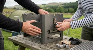 Close-up of hands carefully assembling a folding portable charcoal BBQ on a wooden table.