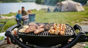 A clear, step-by-step view of how to securely attach a small gas canister to the regulator valve of a portable camping BBQ.