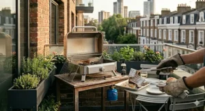 Easy cleaning process for a compact tabletop gas BBQ used on a balcony.