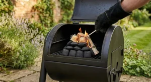 A gloved hand using a long match to light natural firelighters tucked between wood logs and charcoal in the firebox of an offset barbecue.