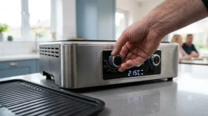 A hand adjusting the temperature settings on a compact electric smokeless indoor grill.