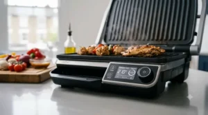 Focus on the precise digital control panel of an electric grill, showing illuminated white icons for temperature, timer, and searing function, set against a blurred UK window view.