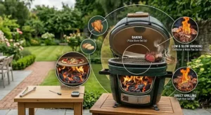 Illustration of kamado grill versatility, highlighting baking, low and slow smoking, and direct grilling methods.