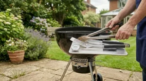 A man holding stainless steel barbecue tongs and a spatula on the side table of a kettle barbecue in a garden.