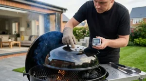 A compact kettle barbecue being wheeled across a British lawn for easy storage after a weekend cookout.