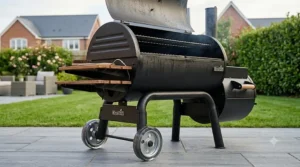 A charcoal kettle barbecue set up for two-zone cooking with searing and indirect heat areas.