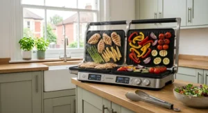 A family-sized electric health grill, laid flat at 180 degrees on a kitchen island, actively cooking chicken and vegetables for a large meal.