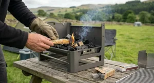 Using natural firelighters to ignite charcoal in a portable camping barbecue.