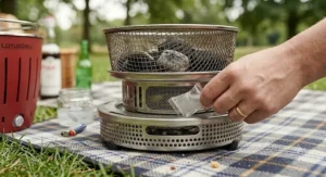 Preparing a portable charcoal barbecue for use in a park setting.
