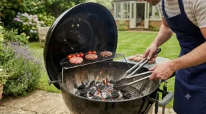 A man using steel tongs to arrange glowing, hot charcoal briquettes inside a black kettle barbecue in a garden setting.