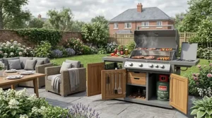 A British couple laughing while cooking together on their weather-resistant cabinet BBQ in a suburban garden.
