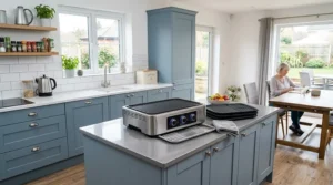 A bright, modern British kitchen setting with a smokeless indoor BBQ ready for dinner.