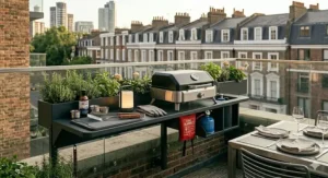 A sleek, modern tabletop gas BBQ integrated into a stylish balcony seating area.