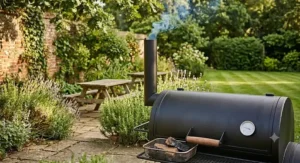 A side view of an offset barrel barbecue in a garden setting showing thin, clean blue smoke exiting from the vertical chimney stack.