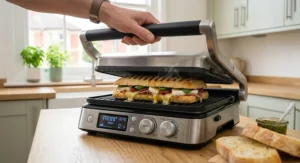 A versatile health grill being used as a panini press to toast an artisanal ciabatta sandwich, showing melting cheese and clear grill marks.
