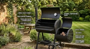 A detailed diagram of an offset barrel barbecue with labels for the smoke stack, cooking chamber, and firebox in a British garden.