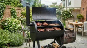 An offset firebox attached to a large barrel smoker, ideal for adding wood chunks to achieve that classic smoky flavour.