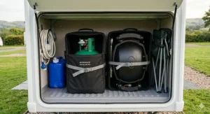 Portable gas BBQ featuring an integrated wind shield for stable cooking in breezy weather.