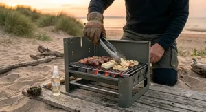A portable charcoal barbecue being used to cook food on a sandy beach at sunset.