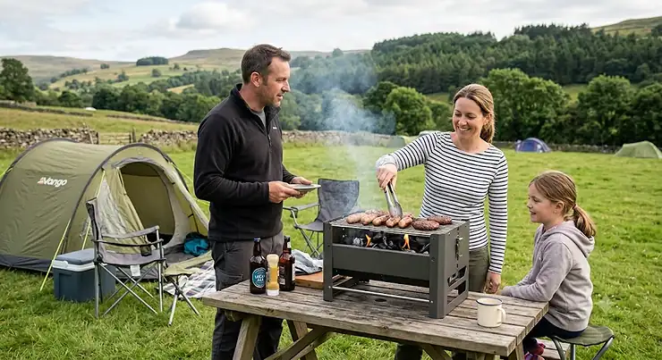 A family enjoying a portable charcoal barbecue at a campsite in the British countryside. portable charcoal bbq for camping