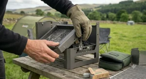 A person in outdoor gear placing the cooking grate onto a portable charcoal BBQ.