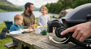 A family enjoying a meal at a campsite while a person serves freshly cooked chicken skewers from the portable gas BBQ onto a wooden board.