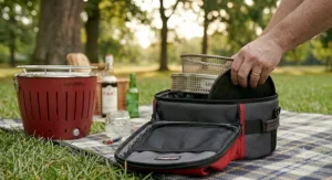 Packing a portable charcoal barbecue into its designated carry bag.